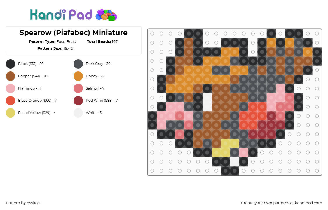 Spearow (Piafabec) Miniature - Fuse Bead Pattern by psykoss on Kandi Pad - spearow,pokemon,bird,gaming,character,brown