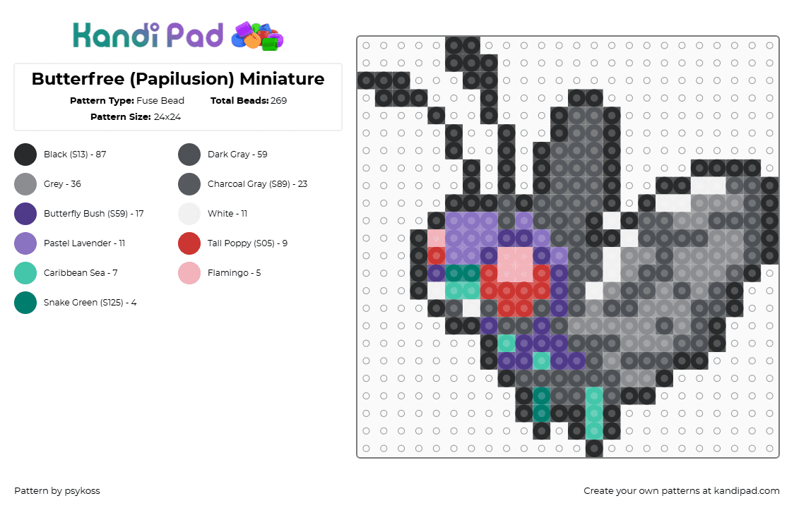 Butterfree (Papilusion) Miniature - Fuse Bead Pattern by psykoss on Kandi Pad - butterfree,pokemon,evolution,metapod,butterfly,character,gaming,purple,gray