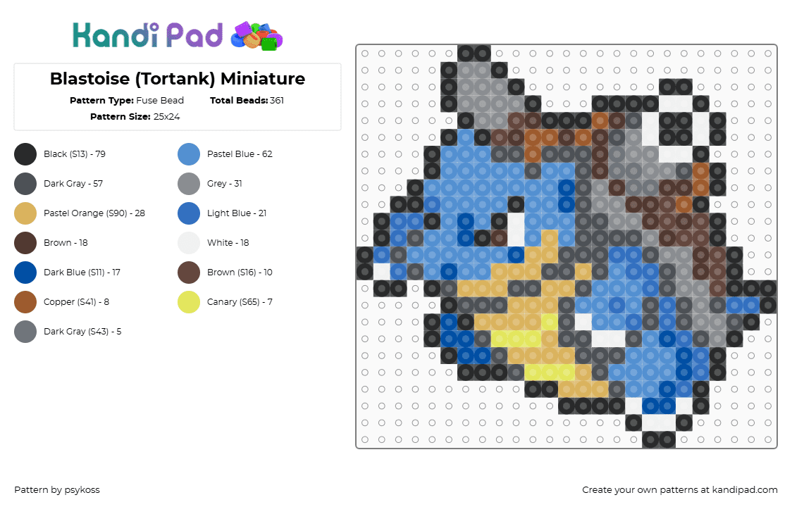 Blastoise (Tortank) Miniature - Fuse Bead Pattern by psykoss on Kandi Pad - blastoise,pokemon,evolution,squirtle,gaming,character,blue