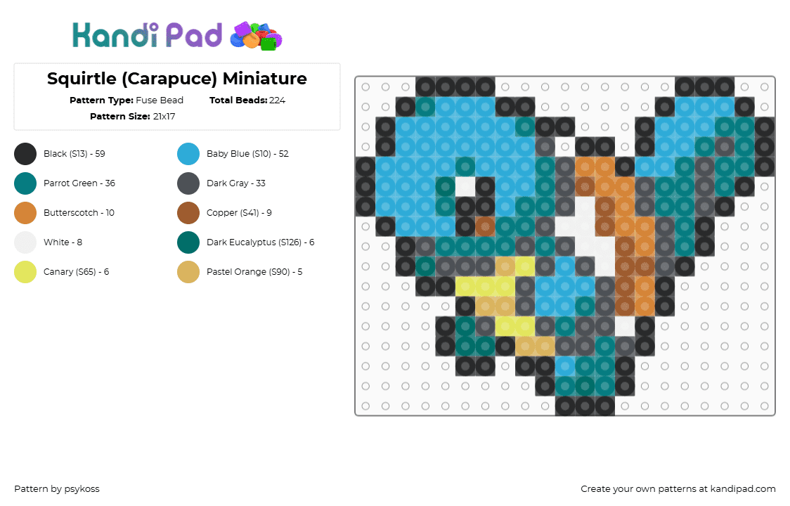 Squirtle (Carapuce) Miniature - Fuse Bead Pattern by psykoss on Kandi Pad - squirtle,pokemon,starter,gaming,character,teal