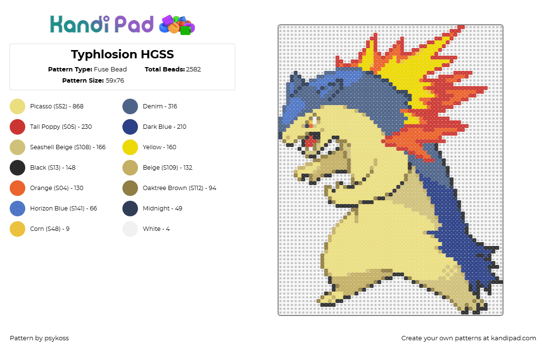 Typhlosion HGSS Sprite - Fuse Bead Pattern by psykoss on Kandi Pad - typhlosion,pokemon,evolution,cyndaquil,fiery,gaming,character,beige,yellow,blue,orange