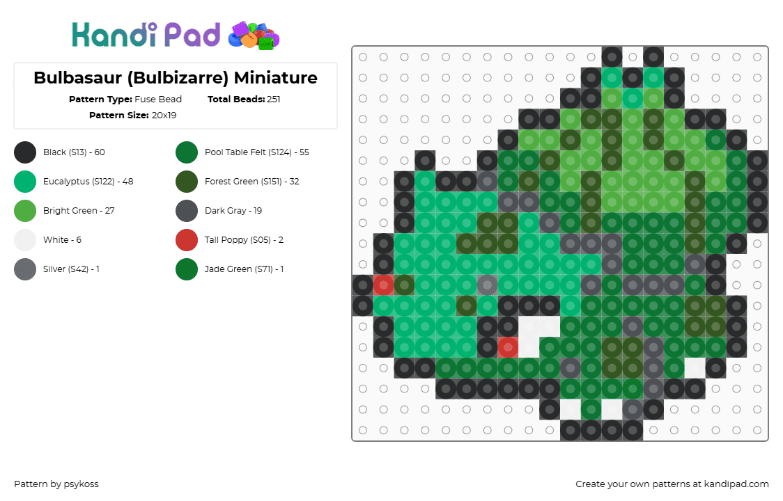 Bulbasaur (Bulbizarre) Miniature - Fuse Bead Pattern by psykoss on Kandi Pad - bulbasaur,pokemon,starter,character,gaming,green