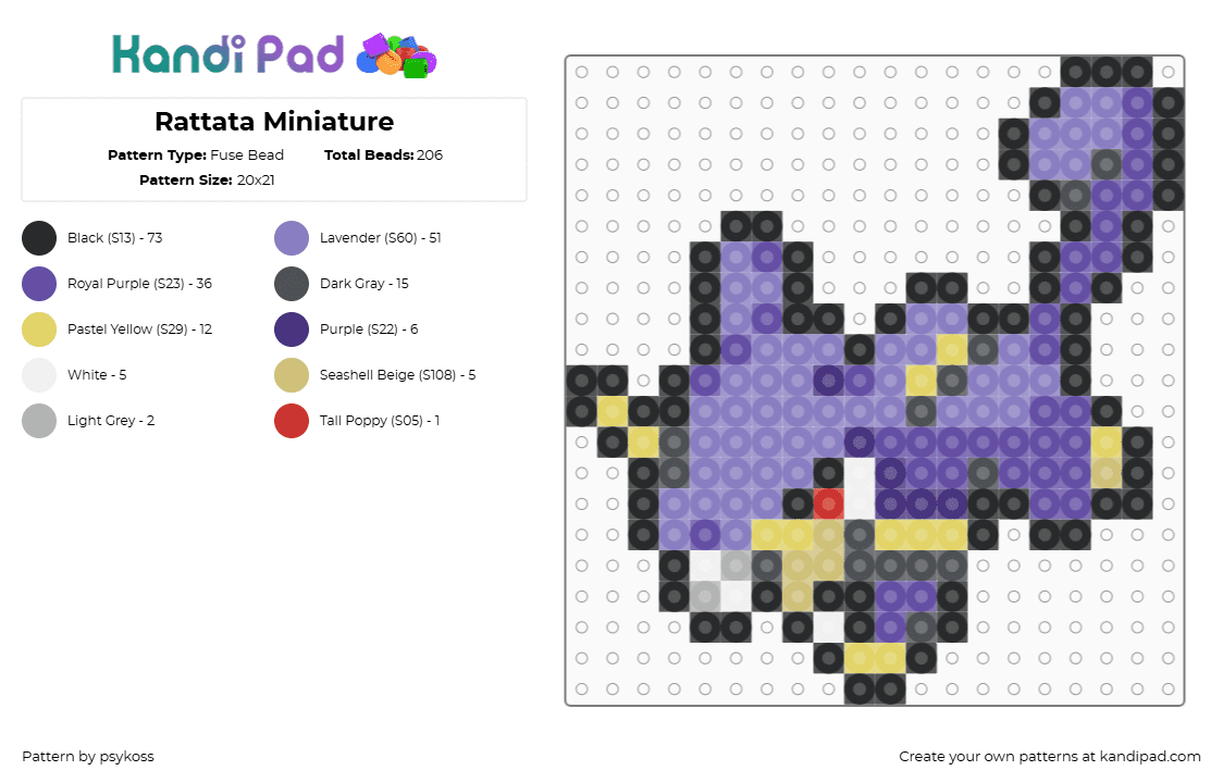 Rattata Miniature - Fuse Bead Pattern by psykoss on Kandi Pad - rattata,pokemon,mouse,gaming,character,purple