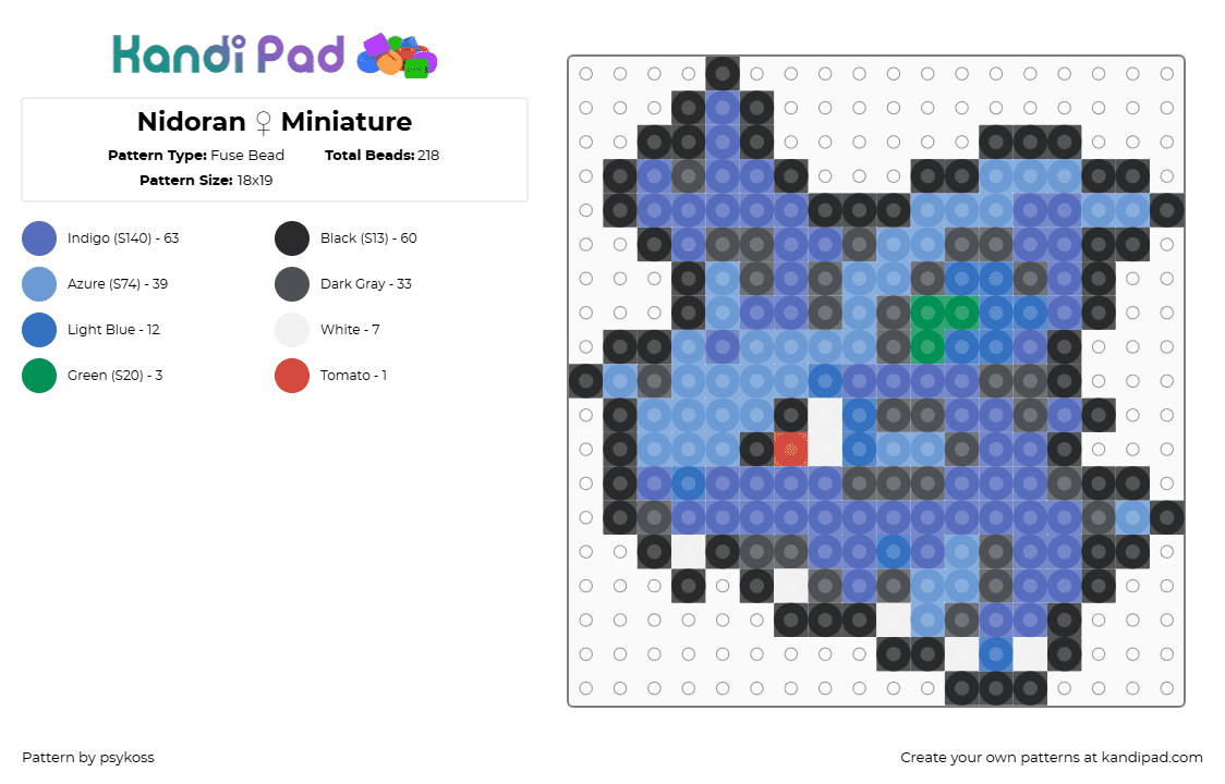 Nidoran ♀ Miniature - Fuse Bead Pattern by psykoss on Kandi Pad - nidorin,pokemon,gaming,character,blue