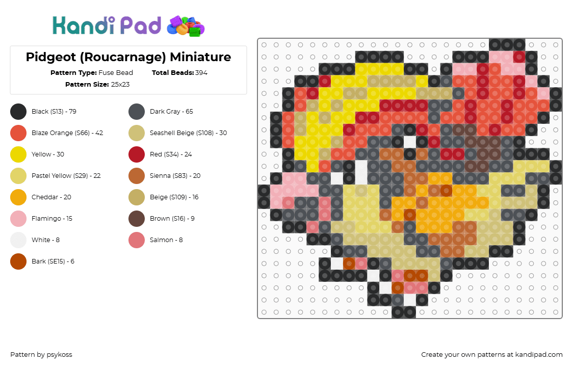 Pidgeot (Roucarnage) Miniature - Fuse Bead Pattern by psykoss on Kandi Pad - pidgeot,pokemon,pidgey,evolution,bird,character,gaming,yellow,red