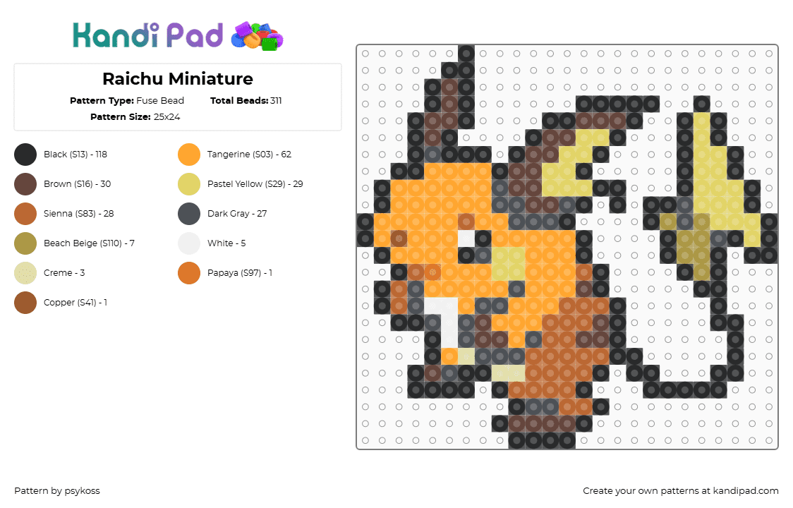 Raichu Miniature - Fuse Bead Pattern by psykoss on Kandi Pad - raichu,pokemon,evolution,pikachu,gaming,character,orange