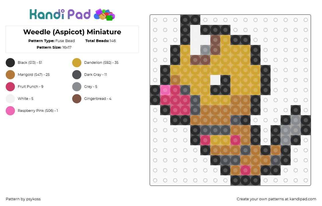 Weedle (Aspicot) Miniature - Fuse Bead Pattern by psykoss on Kandi Pad - weedle,pokemon,gaming,character,caterpillar,tan