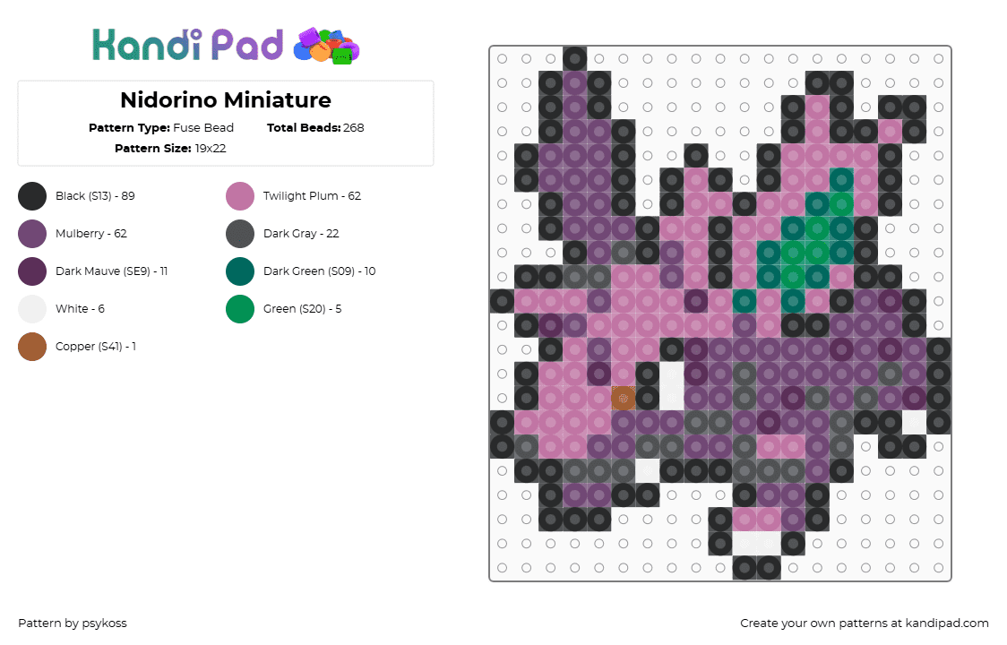 Nidorino Miniature - Fuse Bead Pattern by psykoss on Kandi Pad - nidorino,pokmon,nidoran,evolution,gaming,character,purple