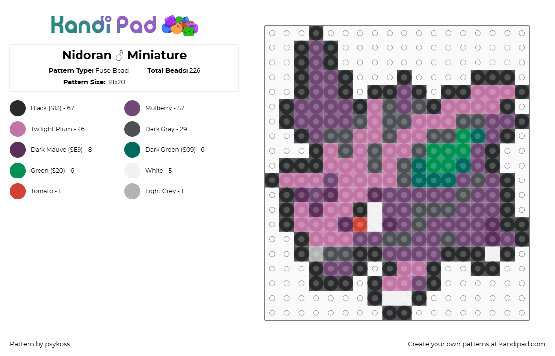 Nidoran ♂ Miniature - Fuse Bead Pattern by psykoss on Kandi Pad - nidoran,pokemon,gaming,character,purple