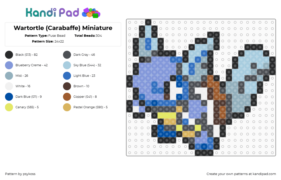 Wartortle (Carabaffe) Miniature - Fuse Bead Pattern by psykoss on Kandi Pad - wartortle,pokemon,evolution,squirtle,gaming,character,blue,light blue