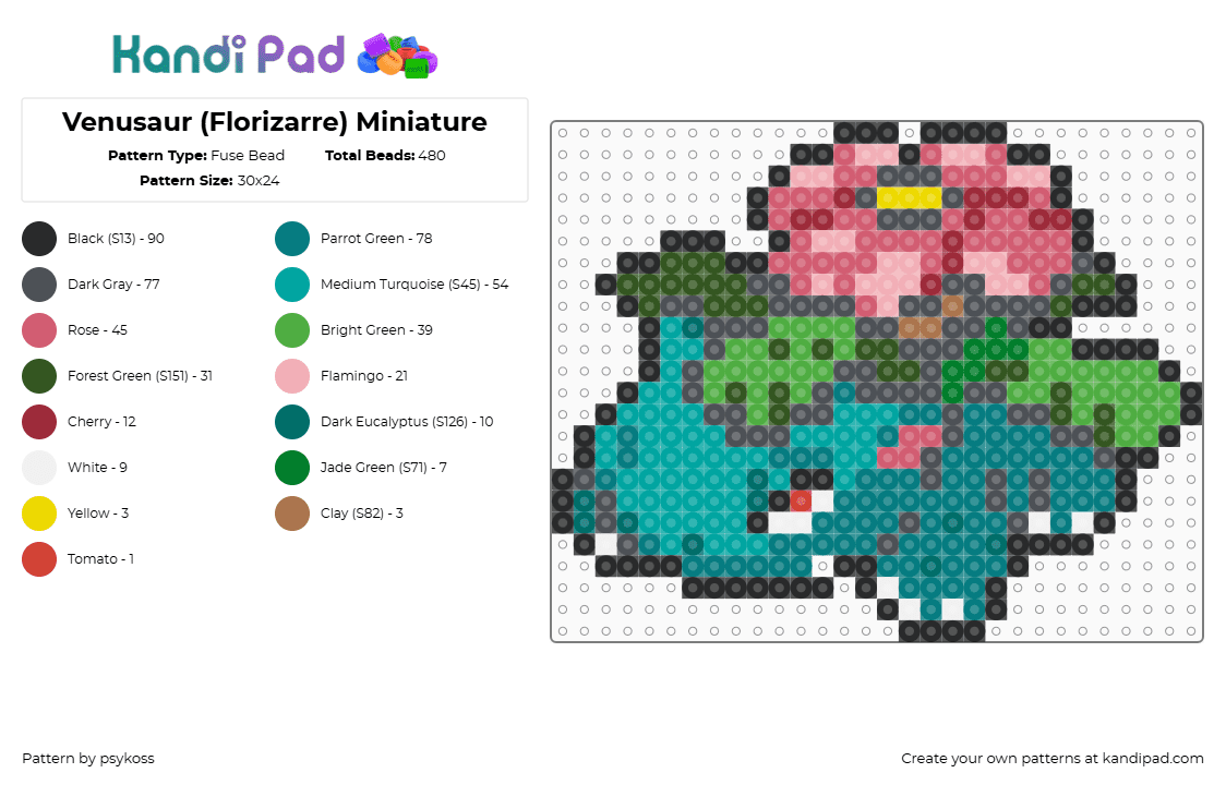 Venusaur (Florizarre) Miniature - Fuse Bead Pattern by psykoss on Kandi Pad - venusaur,pokemon,evolution,bulbasaur,gaming,character,teal,green,pink