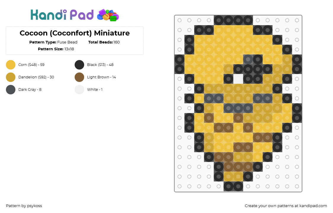 Cocoon (Coconfort) Miniature - Fuse Bead Pattern by psykoss on Kandi Pad - kakuna,pokemon,weedle,evolution,character,gaming,yellow