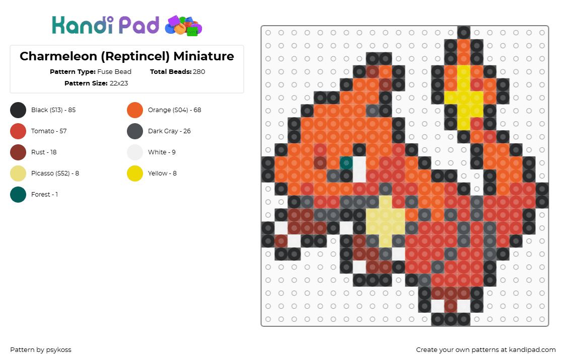 Charmeleon (Reptincel) Miniature - Fuse Bead Pattern by psykoss on Kandi Pad - 