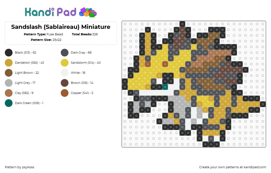 Sandslash (Sablaireau) Miniature - Fuse Bead Pattern by psykoss on Kandi Pad - sandslash,pokemon,sandshrew,evolution,character,gaming,yellow,brown