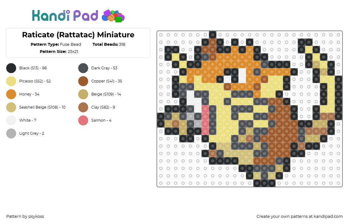 Raticate (Rattatac) Miniature - Fuse Bead Pattern by psykoss on Kandi Pad - raticate,pokemon,rattata,evolution,gaming,character,yellow,tan