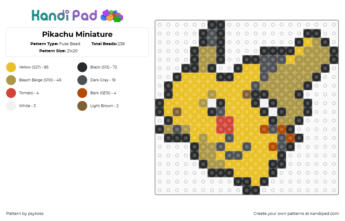 Pikachu Miniature - Fuse Bead Pattern by psykoss on Kandi Pad - pikachu,pokemon,starter,character,gaming,yellow