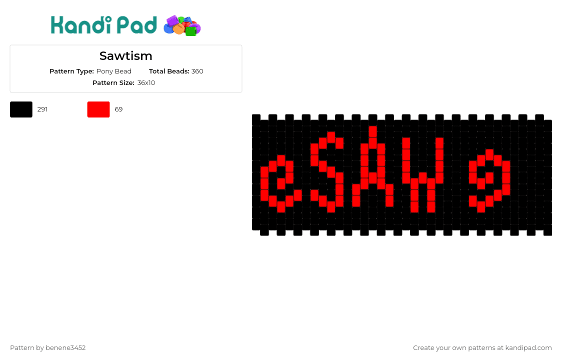 Sawtism - Pony Bead Pattern by benene3452 on Kandi Pad - saw,text,spirals,horror,movie,scary,cuff,black,red