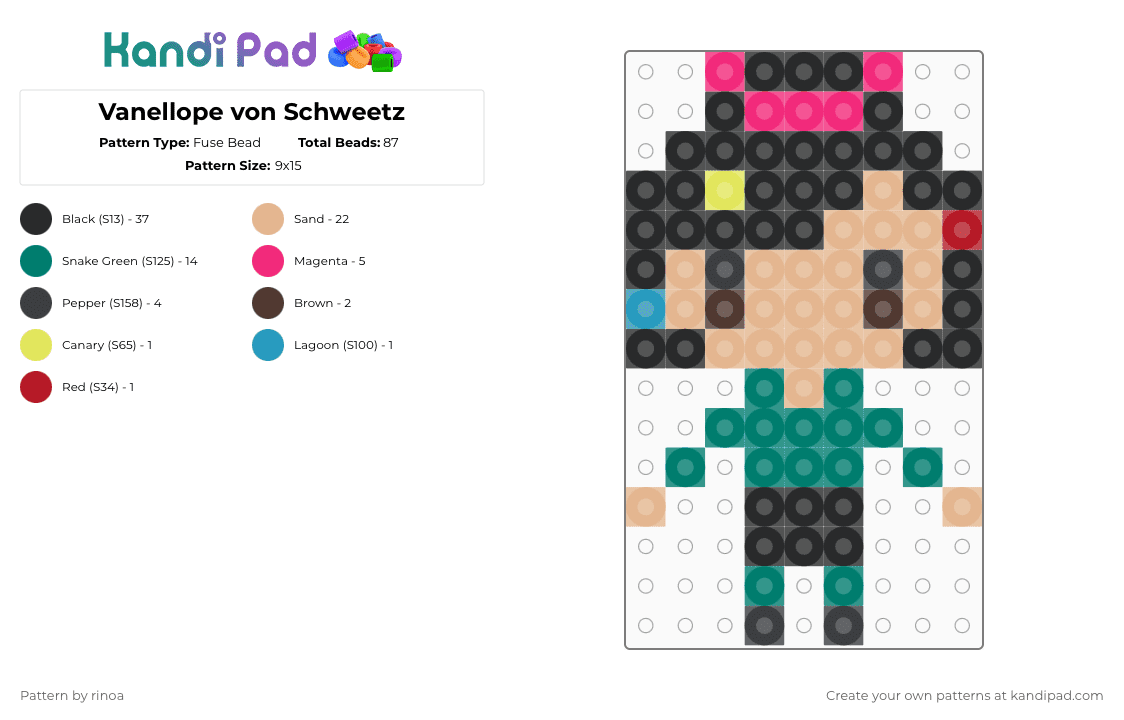 Vanellope von Schweetz - Fuse Bead Pattern by rinoa on Kandi Pad - black,teal,beige,small,cute,candy,movie,vanellope von schweetz,vanellope,wreck it ralph,ralph