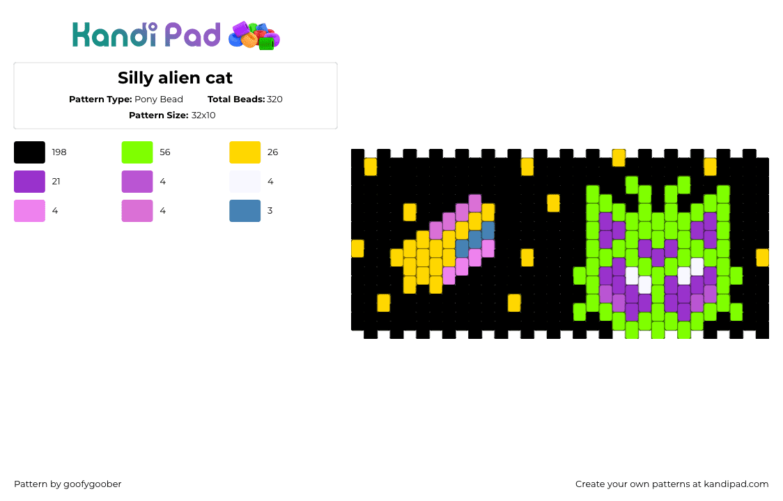 Silly alien cat - Pony Bead Pattern by goofygoober on Kandi Pad - alien,cat,gnarpy,shooting star,space,cuff,extraterrestrial,black,yellow,green,purple