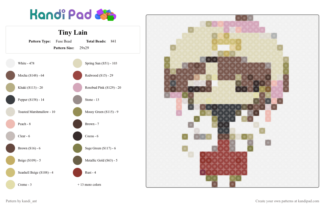 Tiny Lain - Fuse Bead Pattern by starbutton on Kandi Pad - white,tan,beige,lain,serial experiment lain,anime