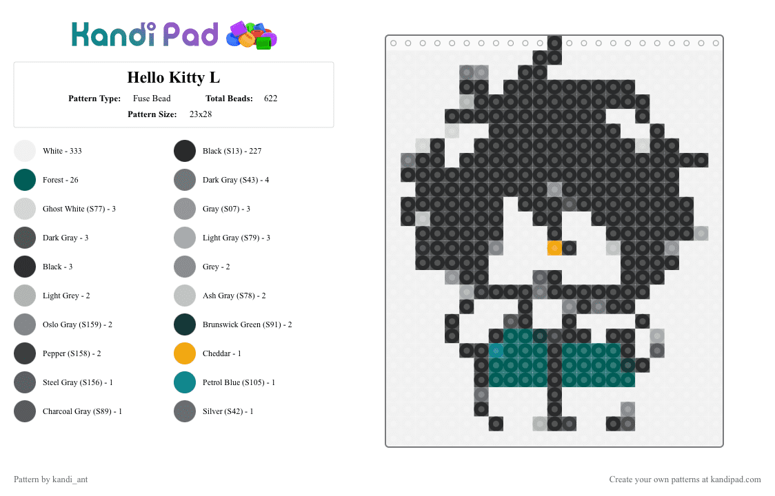 Hello Kitty L - Fuse Bead Pattern by starbutton on Kandi Pad - white,gray,death note,anime,hello kitty,l death note