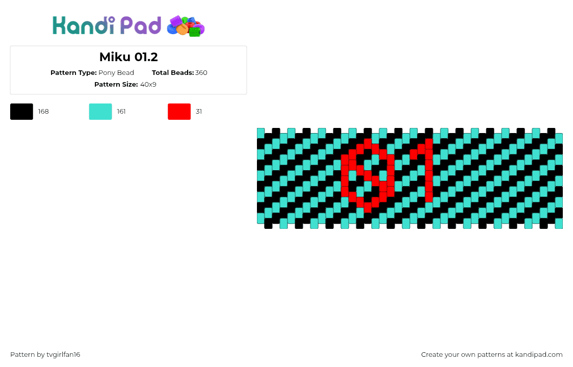 Miku 01.2 - Pony Bead Pattern by tvgirlfan16 on Kandi Pad - 01, black, cuff, diagonal, hatsune miku, music, red, stripes, teal, vocaloid