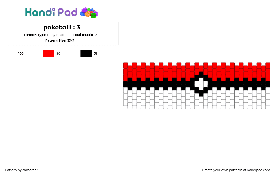 pokeball! : 3 - Pony Bead Pattern by cameron3 on Kandi Pad - pokeball,pokemon,gaming,cuff,red,white