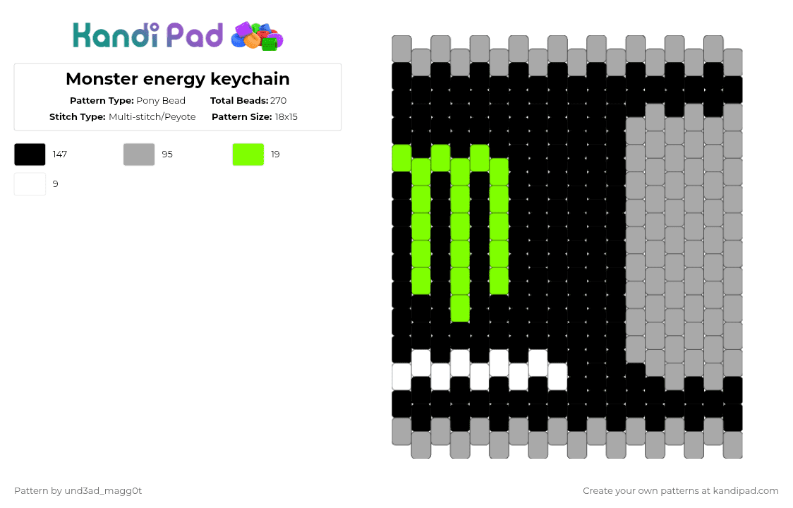 Monster energy keychain - Pony Bead Pattern by und3ad_magg0t on Kandi Pad - black,beige,monster,keychain,green,gray,easy