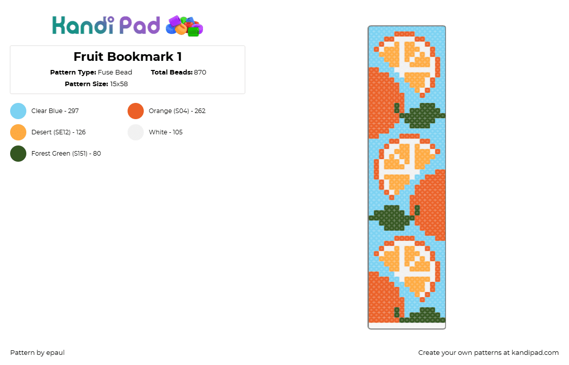 Fruit Bookmark 1 - Fuse Bead Pattern by epaul on Kandi Pad - oranges,citrus,fruit,bookmark,food,summer,orange,light blue