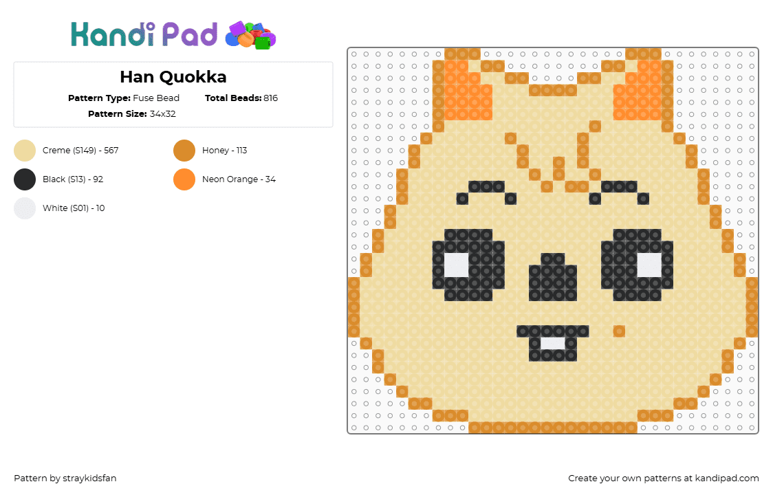 Han Quokka - Fuse Bead Pattern by straykidsfan on Kandi Pad - han quokka,skzoo,stray kids,music,character,head,animal,tan,yellow