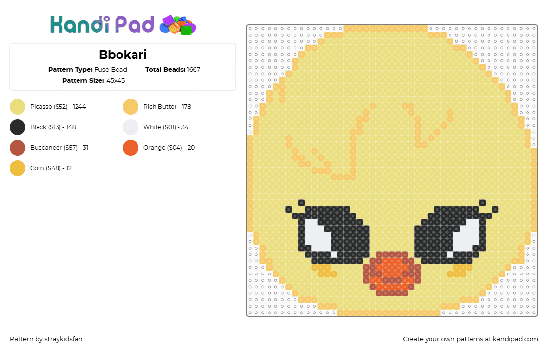 Bbokari - Fuse Bead Pattern by straykidsfan on Kandi Pad - bbokari,stray kids,skzoo,music,head,chick,yellow