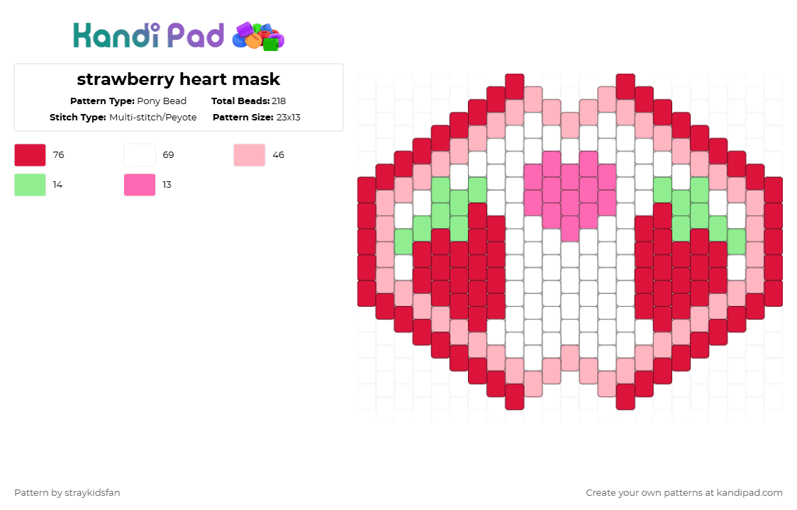 strawberry heart mask - Pony Bead Pattern by straykidsfan on Kandi Pad - strawberries,mask,strawberry,heart,fruit,food,red,pink