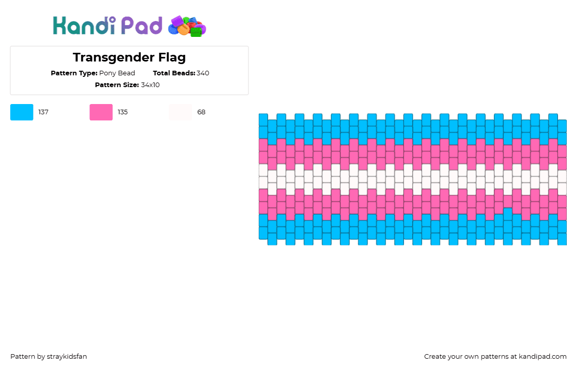 Transgender Flag Cuff - Pony Bead Pattern by straykidsfan on Kandi Pad - transgender,pride,cuff,light blue,pink,white