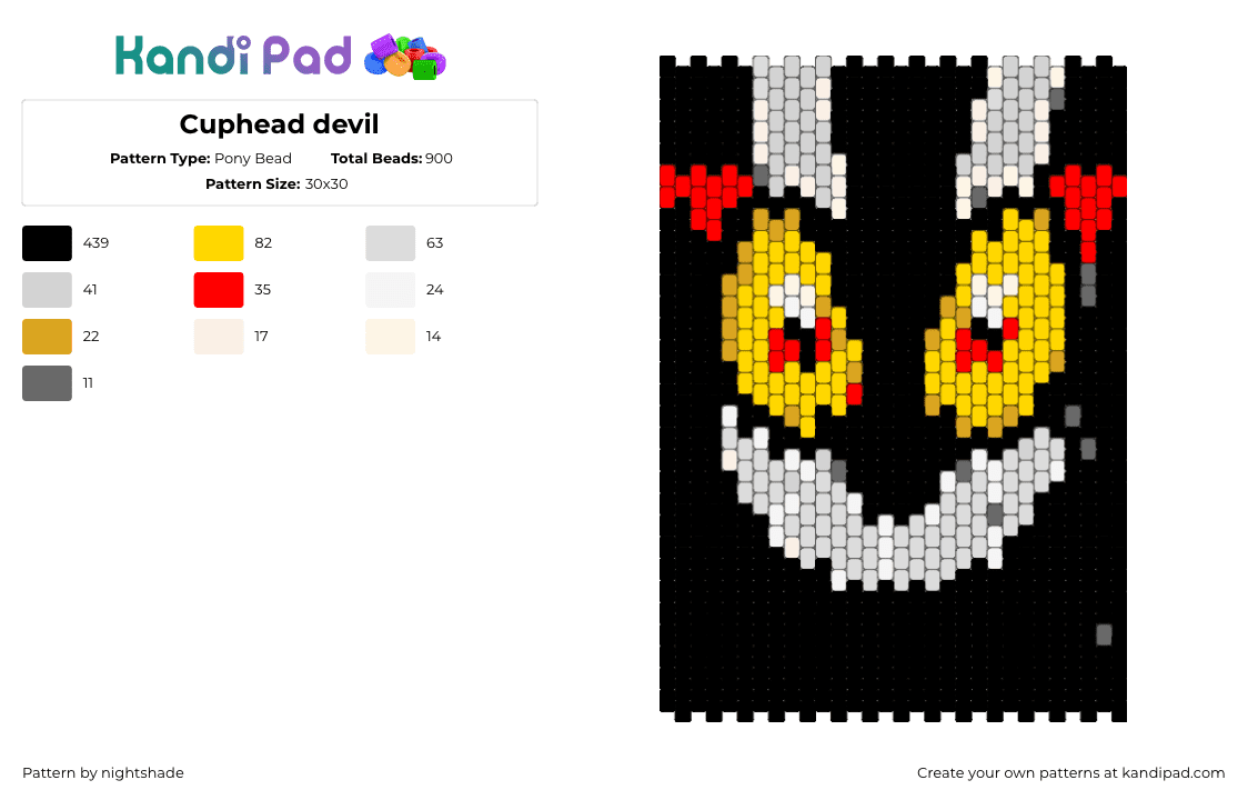 Cuphead devil - Pony Bead Pattern by nightshade on Kandi Pad - cuphead,devil,face,video game,spooky,[anel,yellow,white,black