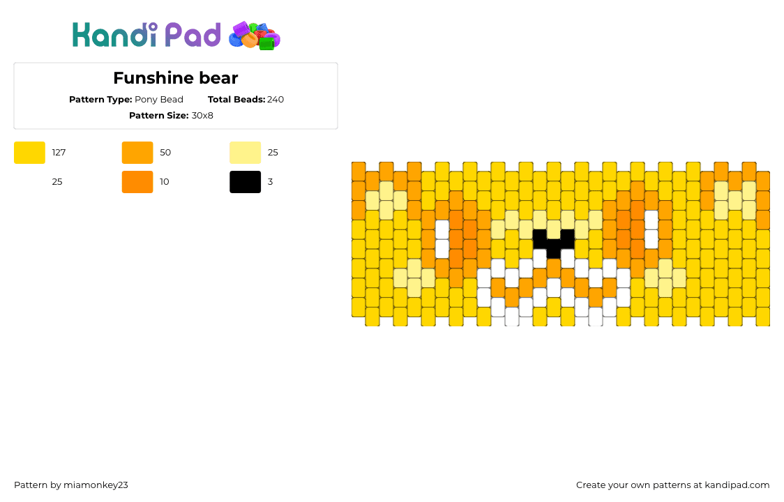 Funshine bear - Pony Bead Pattern by miamonkey23 on Kandi Pad - funshine bear,care bears,face,character,cuff,yellow,orange