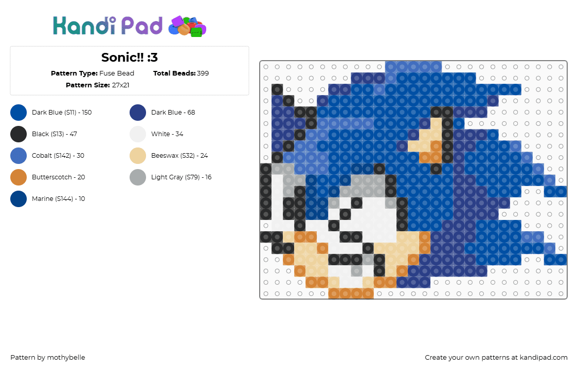 Sonic!! :3 - Fuse Bead Pattern by mothybelle on Kandi Pad - sonic the hedgehog,sega,wink,head,character,video game,charm,blue