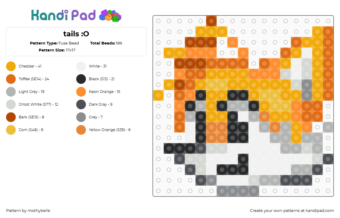 tails :O - Fuse Bead Pattern by mothybelle on Kandi Pad - tails,sonic the hedgehog,sega,character,head,charm,fox,yellow,orange,gray