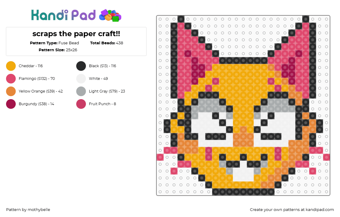 scraps the paper craft!! - Fuse Bead Pattern by mothybelle on Kandi Pad - scraps,dandys world,origami,character,video game,head,pink,yellow