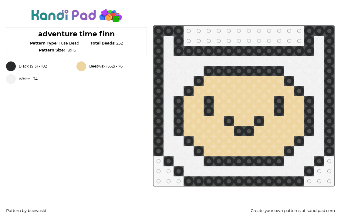 adventure time finn - Fuse Bead Pattern by beewaski on Kandi Pad - finn,adventure time,head,character,cartoon,tv show,beige,white