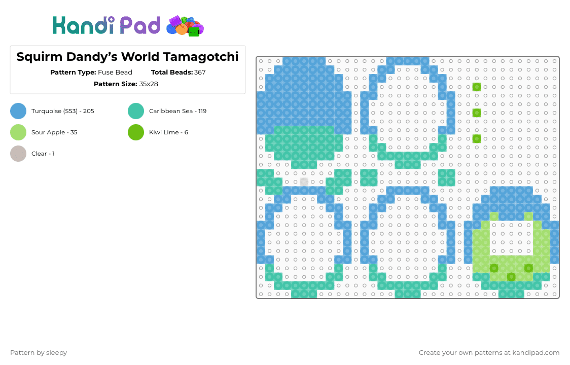 Squirm Dandy’s World Tamagotchi - Fuse Bead Pattern by sleepy on Kandi Pad - light blue,teal,dandysworld,dandys,world,squirm,squirmdandysworld,toon,tamagotchi