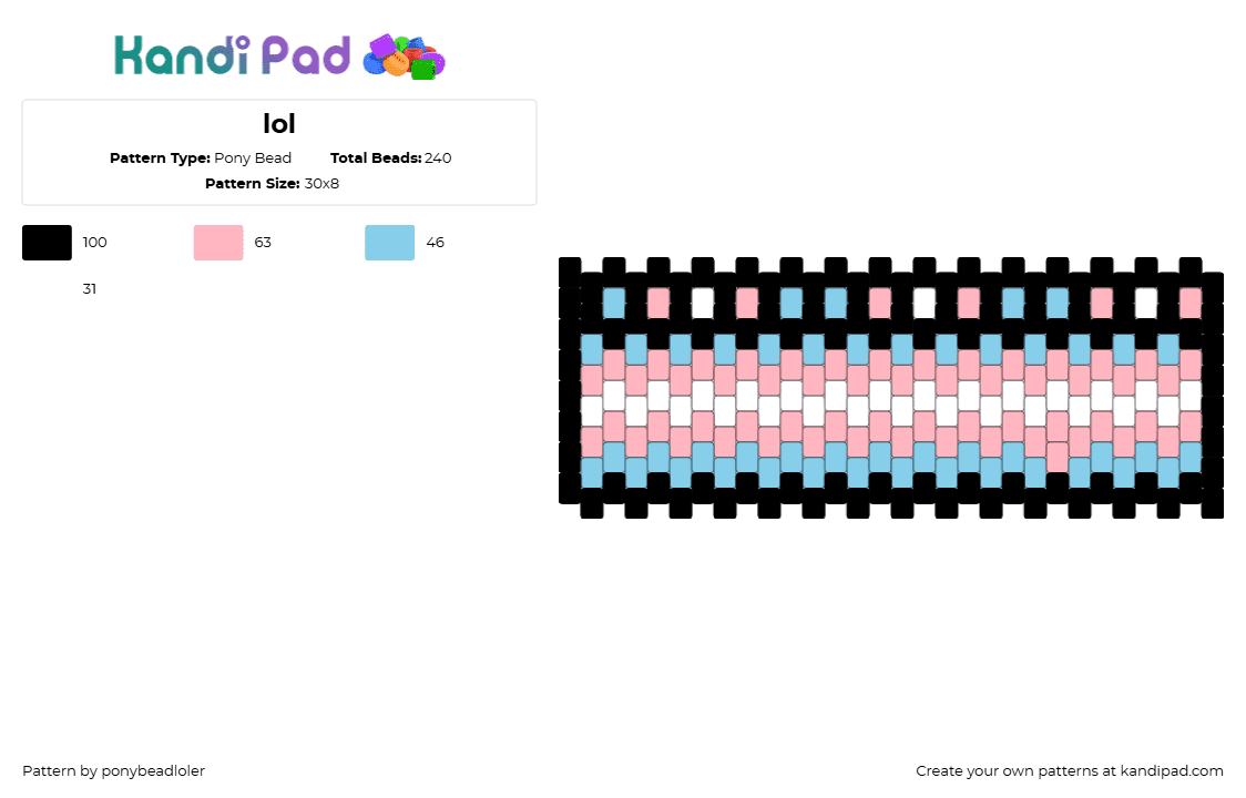 lol - Pony Bead Pattern by ponybeadloler on Kandi Pad - trans,pride,cuff,light blue,pink,black