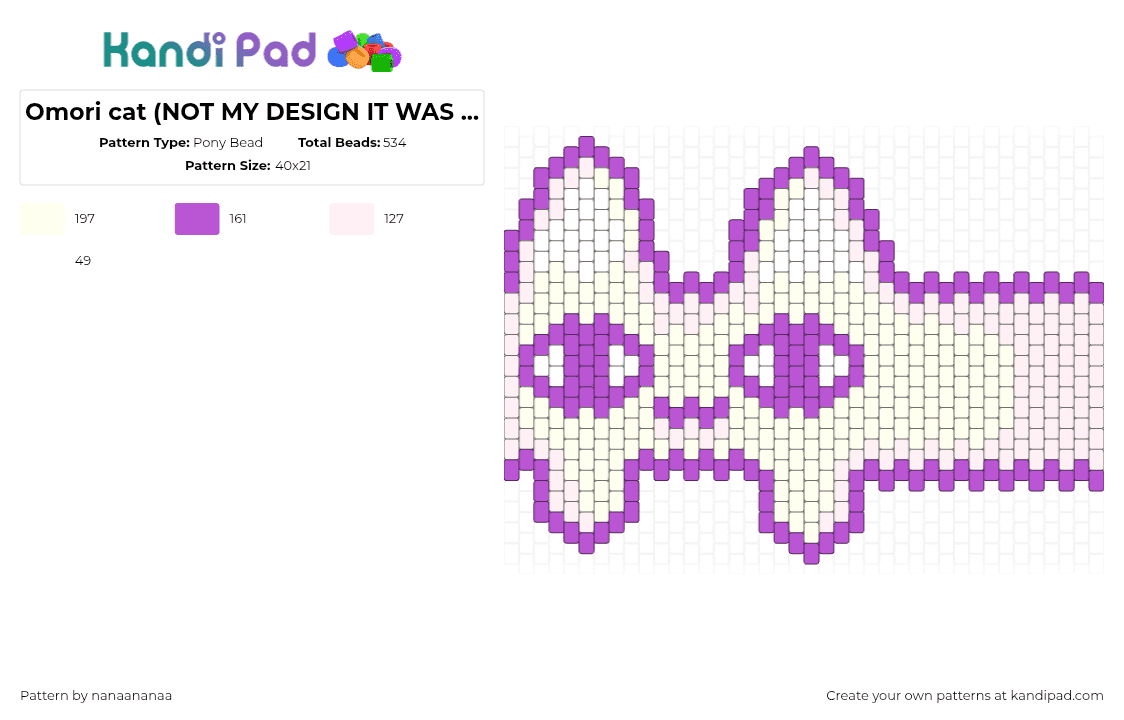 Omori cat (NOT MY DESIGN IT WAS JUST EASIER TO COPY OFF HERE!!) - Pony Bead Pattern by nanaananaa on Kandi Pad - omori,cat,face,cuff,video game,purple,pink