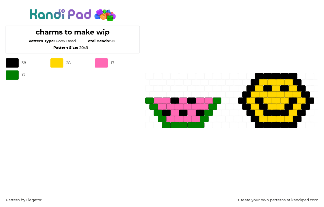 charms to make wip - Pony Bead Pattern by illegator on Kandi Pad - watermelon,smiley,emoji,simple,charms,pink,green,yellow