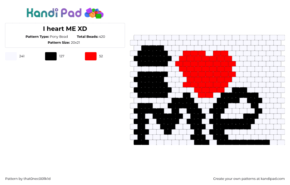 I heart ME XD - Pony Bead Pattern by that0nec00llk1d on Kandi Pad - 