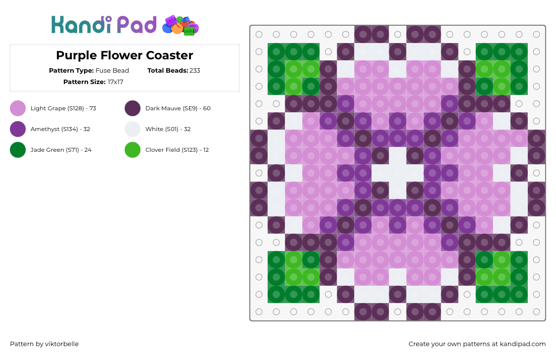 Purple Flower Coaster - Fuse Bead Pattern by viktorbelle on Kandi Pad - flower,petals,coaster,nature,pink,purple,green