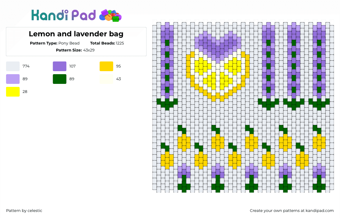 Lemon and lavender bag - Pony Bead Pattern by celestic on Kandi Pad - lemon,lavender,citrus,flowers,fruit,bag,panel,white,purple,yellow