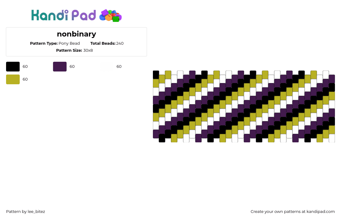 nonbinary - Pony Bead Pattern by lee_bitez on Kandi Pad - nonbinary,diagonal,stripes,cuff,white,purple,green