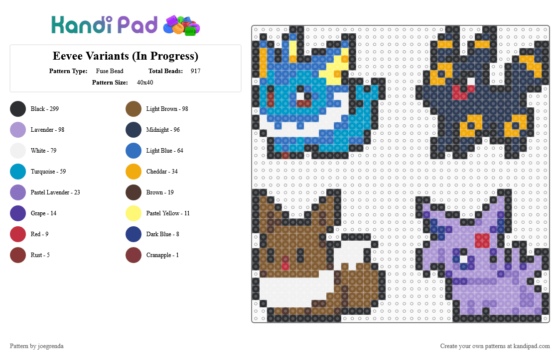 Eevee Variants - Fuse Bead Pattern by joegrenda on Kandi Pad - blue,purple,tan,pink,colorful