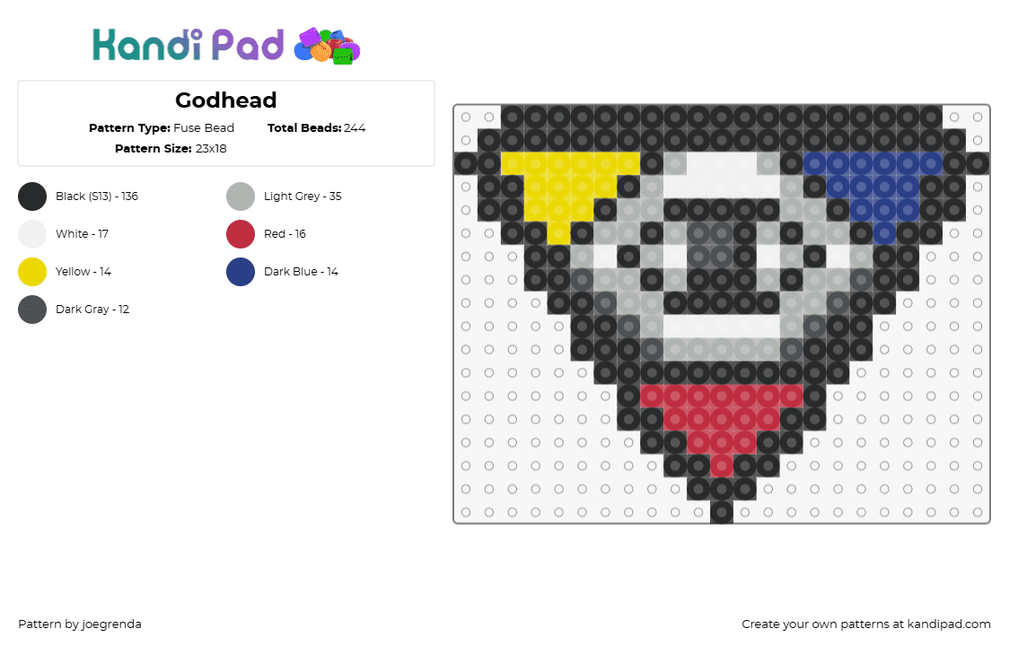 Godhead - Fuse Bead Pattern by joegrenda on Kandi Pad - godhead,tboi,binding of isaac,video game,symbol,charm,red,blue,yellow,gray