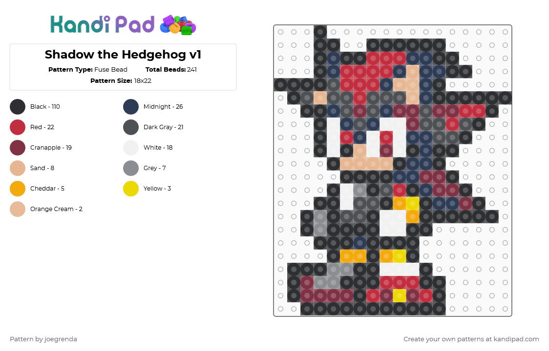 Shadow the Hedgehog v1 - Fuse Bead Pattern by joegrenda on Kandi Pad - black,gray,purple,brown,colorful